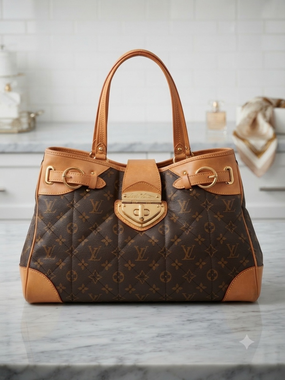 Louis Vuitton Monogram Quilted Satchel with Tan Trim